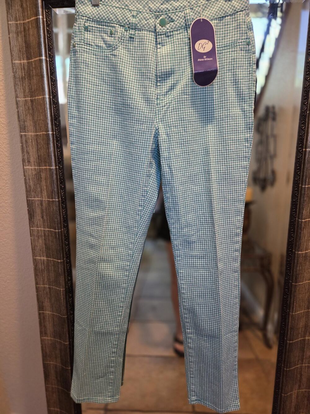 NEW DG2 by Diane Gilman Green/White Gingham Tall Pants Pockets Zip 8T